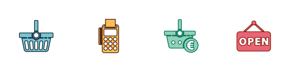 Set Shopping basket, POS terminal with credit card, and euro and Hanging sign Open icon. Vector