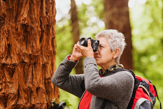 elderly woman with gray hair and backpack taking pictures with an old camera during a hike in the woods.