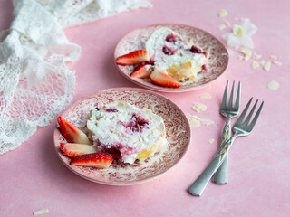 Merengo strawberry diet roll on pink background. Tea drinking. Healthy food, no sugar, no wheat flour. Top view, close up. Copy space.