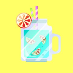 illustration of a cocktail glass juice blue with yellow background