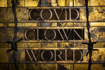 Covid Clown World text on vintage textured grunge copper and gold background