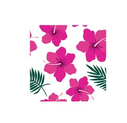 Summer, bright floral pattern, pink hibiscus flowers, and palm leaves, bright summer colors