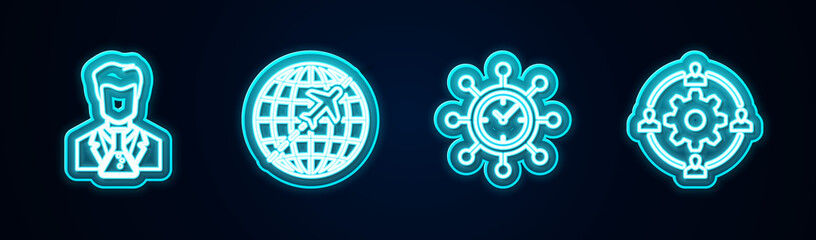 Set line Scientist and test tube, Globe with flying plane, Clock gear and Outsourcing concept. Glowing neon icon. Vector