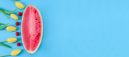 Watermelon, strawberries and tulips.
Watermelon, strawberries and tulips lie on the left against a blue background with space for text on the right, top view close-up.