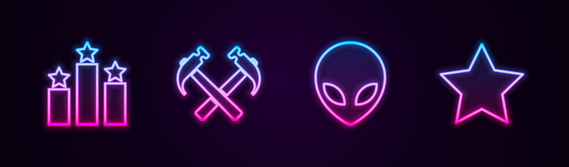 Set line Ranking star, Two crossed hammers, Alien and Star. Glowing neon icon. Vector