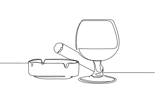 Continuous one line of glass of whisky and cigar in an ashtray in silhouette on a white background. Linear stylized.Minimalist.