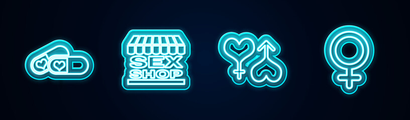 Set line Pills for potency, Sex shop building, Male and female heart and Female gender symbol. Glowing neon icon. Vector
