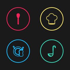 Set line Washing dishes, Kitchen ladle, Chef hat and whisk icon. Vector