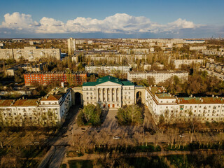 Spring Volgograd cityscape, aerial view from drone