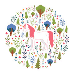 sleeping unicorn in the forest, circular pattern