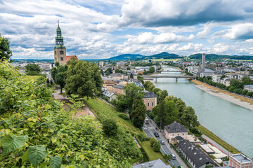 view of the city of salzburg Church Salzburg Mülln Salzach Lehener Brücke