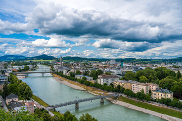 Fototapeta na wymiar view of the river salzach Salzburg City Müllnersteg Lehener Brücke