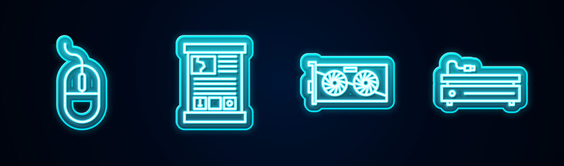 Set line Computer mouse, Game guide, Video graphic card and game console. Glowing neon icon. Vector