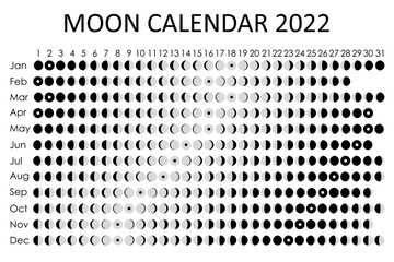 2022 Moon calendar. Astrological calendar design. planner. Place for stickers. Month cycle planner mockup. Isolated black and white background