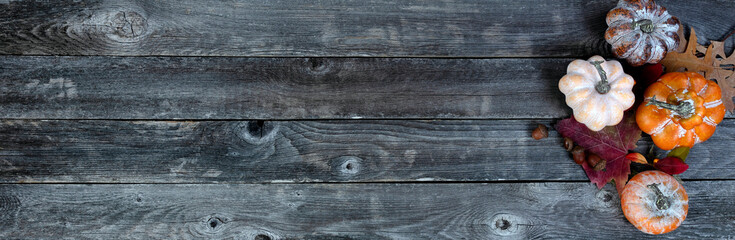 Autumn theme consisting of pumpkins, leaves and acorns on weathered wood for Thanksgiving or Halloween holiday