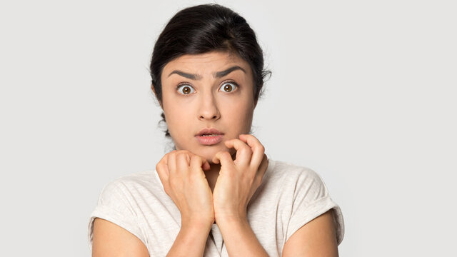 Close up portrait of scared young Indian woman isolated on grey studio background frightened terrified. Unhappy millennial mixed race female feel afraid crappy. Fear, emotion concept.