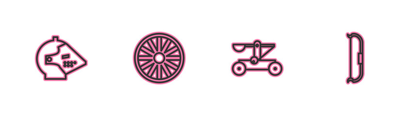Set line Medieval iron helmet, Catapult shooting stones, Old wooden wheel and bow icon. Vector