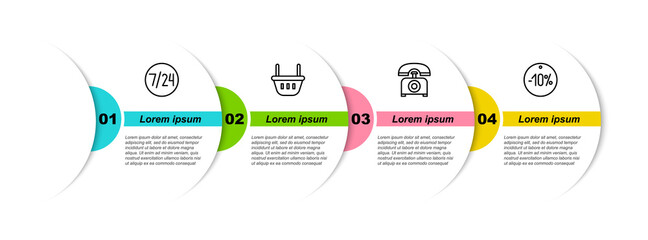 Set line Clock 24 hours, Shopping basket, Telephone and Ten discount percent tag. Business infographic template. Vector