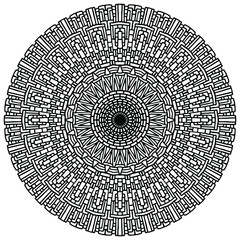 mandala with ornaments and figures in folk style on a white background for coloring, vector