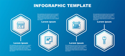 Set line Market store, House plan, Hanging sign with For Rent and key. Business infographic template. Vector