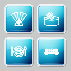 Set line Scallop sea shell, Tin can with caviar, Served crab on plate and Sushi cutting board icon. Vector