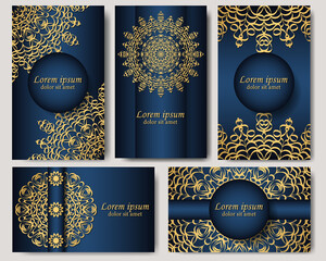 A set of five gorgeous mandala vector patterns. Golden ethnic ornament on blue background. Oriental pattern in postcards, labels, posters, invitations, packages. Luxury in your design