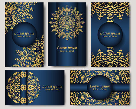 A set of five gorgeous mandala vector patterns. Golden ethnic ornament on blue background. Oriental pattern in postcards, labels, posters, invitations, packages. Luxury in your design