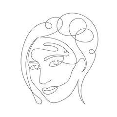 Hand drawn young woman face, one line art, stylized continuous avatar contour. Doodle, sketch style. Isolated. Vector illustration