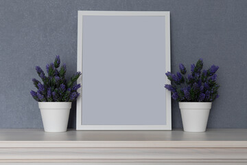 white frame on a lavender pastel background and decorative plants.