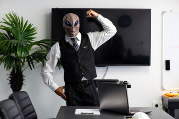 A humanoid Alien in a white shirt and business suit flexing one hand biceps, imagine superpower in...
