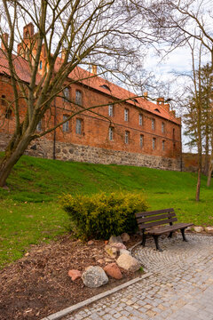 View from the lake. Medieval Teutonic castle in Sztum, located on Lake Sztumskie in Pomerania (Poland) from 1377.