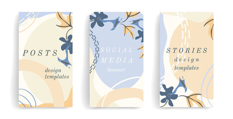 Fototapeta na wymiar Set of abstract flowers and leaves. Template for social media posts stories, banners, mobile apps, web, advertising. Geometric floral illustration, template background. Soft blue, orange, beige color