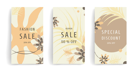 Fototapeta na wymiar Set of editable vector story templates. Layouts with hand drawn exclusive tropical flowers and leaves, backgrounds. Trendy design for social media marketing. Modern design with copy space for text