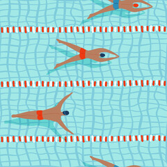 Professional sportsman, male athletes swimming in the pool seamless pattern. Top view pool track . Men competition. Flat vector illustration.