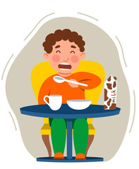 the boy has breakfast or lunch. The time of eating. The child eats porridge and drinks tea. Vector illustration in a flat style.