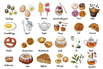 Vector food icons. Colored sketch of food products. Baking, sweets, eggs, tea