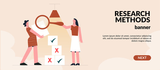 Female character with magnifying glass Woman search document or file. Concept of information, data organization, optimization, searching and analyzing. Flat vector illustration, web banner template