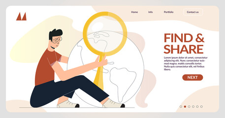 Global search concept. Male character exploring Earth with magnifying glass. Man research the planet, search engine optimization and web analytics elements. Flat vector illustration for web template