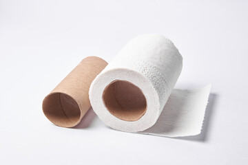 Toilet paper rolls shortage supply isolated on white backgorund. Leftover of a recycled household basic