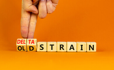Covid-19 old or delta strain symbol. Doctor turns wooden cubes and changes words old strain to delta strain. Beautiful orange background, copy space. Medical, Covid-19 old or delta strain concept.