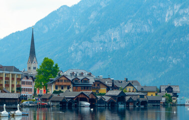Fototapeta na wymiar The Hallstatt town with the mountain background, that's the most beautiful lake town in the world.