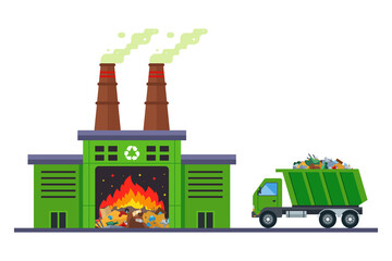 garbage truck goes to incinerate waste at an incineration plant. flat vector illustration. - obrazy, fototapety, plakaty