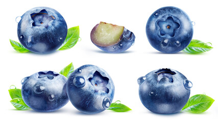 Set of fresh blueberries and leaves with drops isolated on a white background.