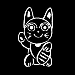 Vector image of japanese happy cat maneki neko on a black background in the technique of ink