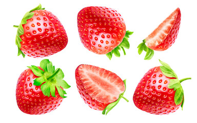 Set of six ripe strawberries isolated on a white background. Some of them are intact, some are cut.