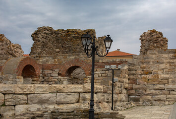 Preserved for centuries fortress wall of the fishing town of Mesembria, V-VI century Nesebar resort, Bulgaraia