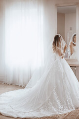 Beautiful brunette bride with light make-up in white dress  in an exquisite interior 