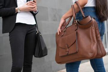 The hands and handbags of two business women