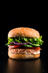 Fresh tasty burger with fish fillet, tomato and special sauce over black background with copy space above