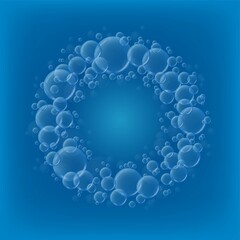 Water bubbles on blue background. Round frame made of realistic air bubbles and soap bubbles. Background template with empty place for text. Vector illustration